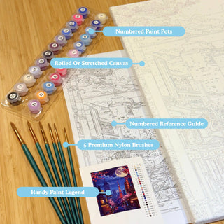 "The and Pixie paint by numbers kit includes numbered paint pots, brushes, a pre-outlined canvas, a reference guide, and a color legend card—everything you need for a fun painting experience."